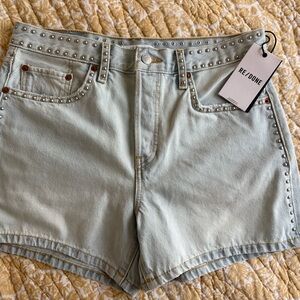 Re/Done Light Blue Studded High-Waist Denim Shorts